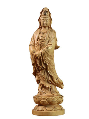 ODOROKU Yellow Box Wood Buddha and Bodhisattva Statue Hand Carved Yellow Wood Statue Standing Sitting Sculpture Handmade Figurine - ODOROKU
