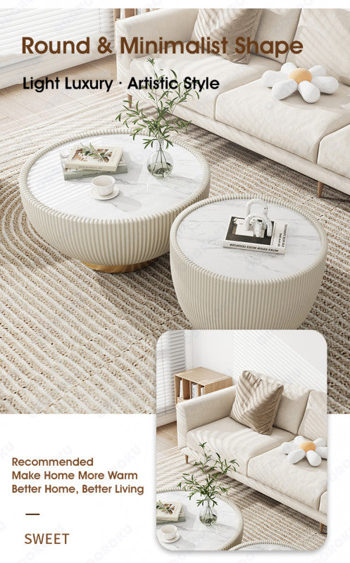 ODOROKU Sintered Stone Coffee Table with Microfiber Leather Set of 2 Set Golden Frame Minimalist Circular and Marble Material Pattern Tables, Living Room Bedroom Apartment Modern Industrial Space Saving - ODOROKU