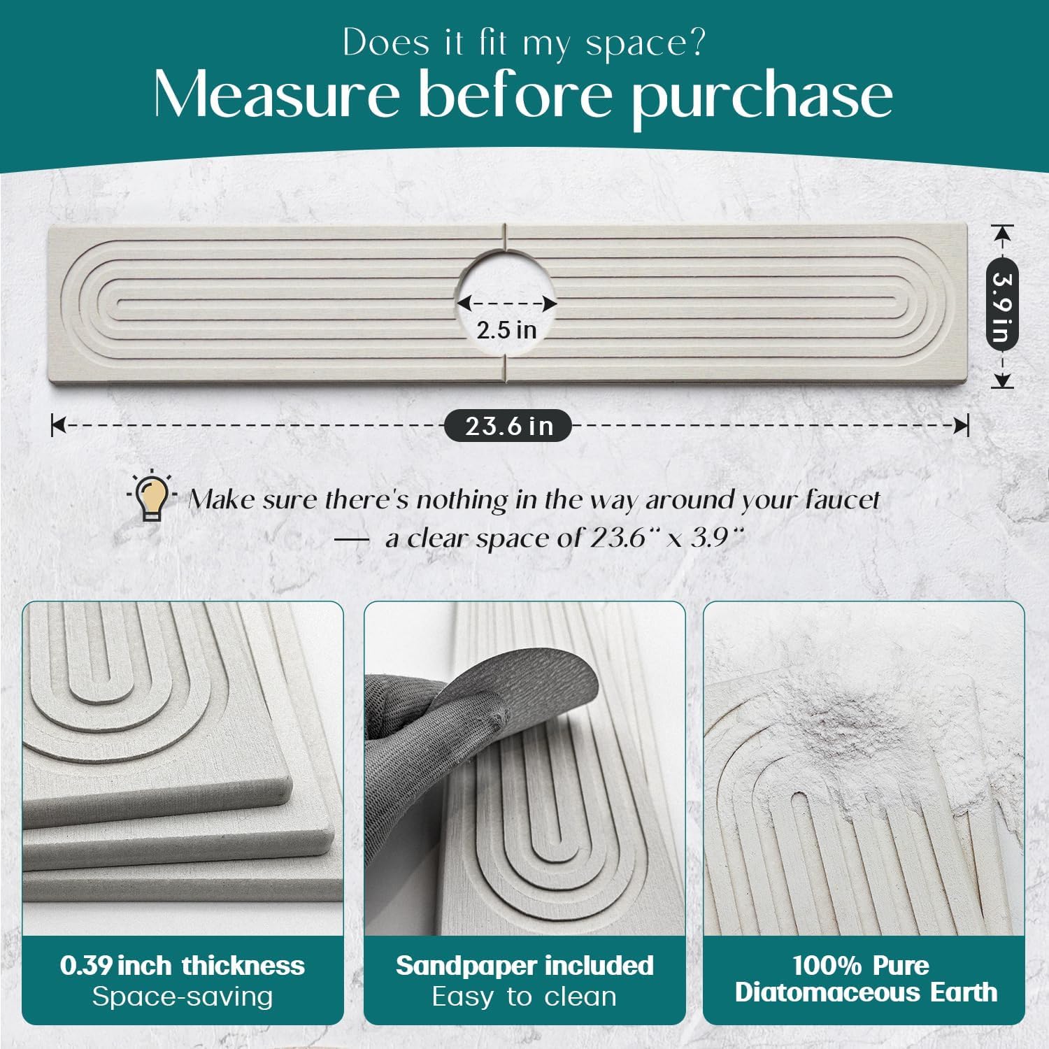 ODOROKU Quick Dry Absorbent Diatomite Sink Faucet Mat Kitchen Fast Drying Stone Tray Sink Splash Guard Anti Skid Absorption Pad for Basin Grey Wh - ODOROKU