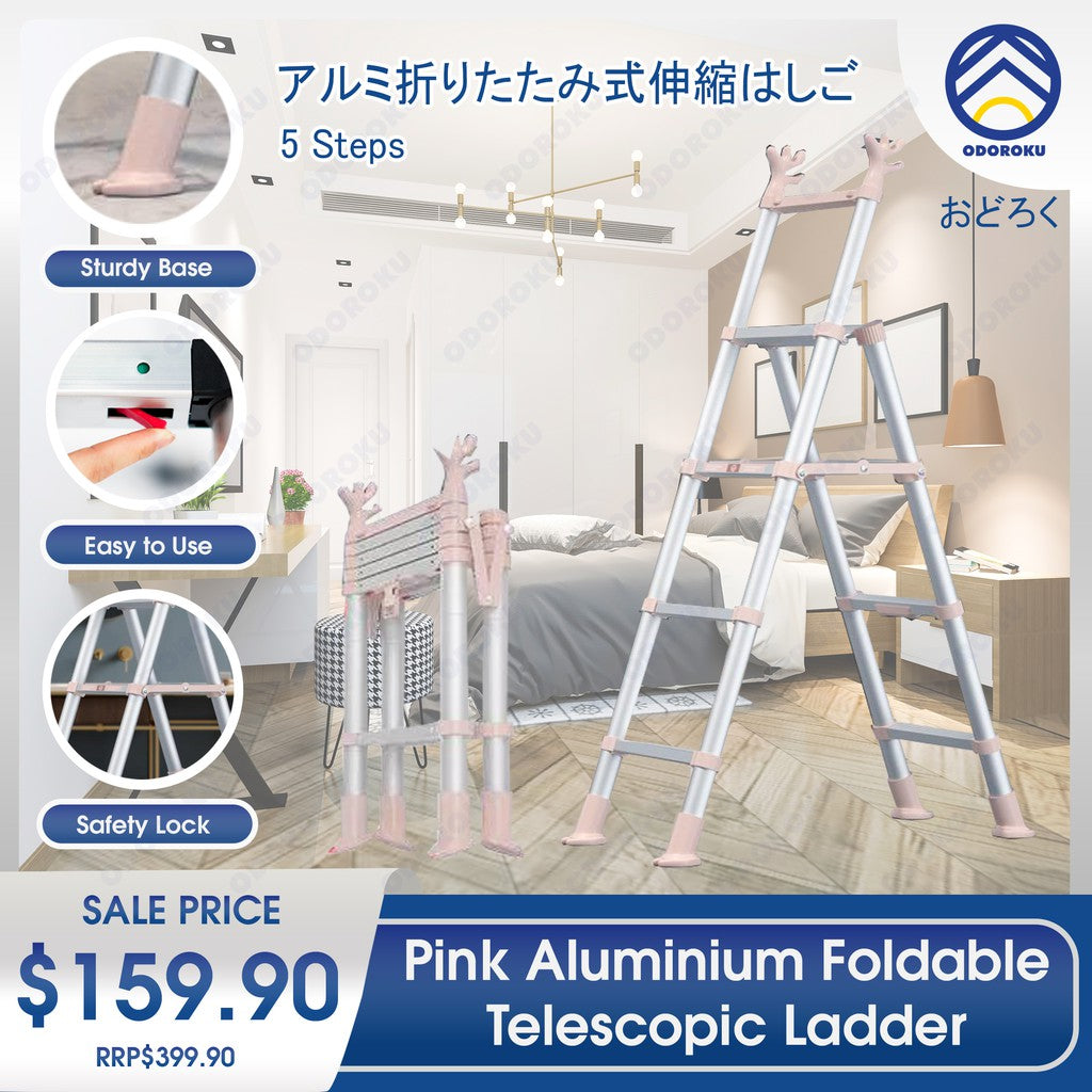 ODOROKU Deer Pink Household Aluminum Telescopic Ladder Extension Multi-Purpose with Base Support Use in all Places