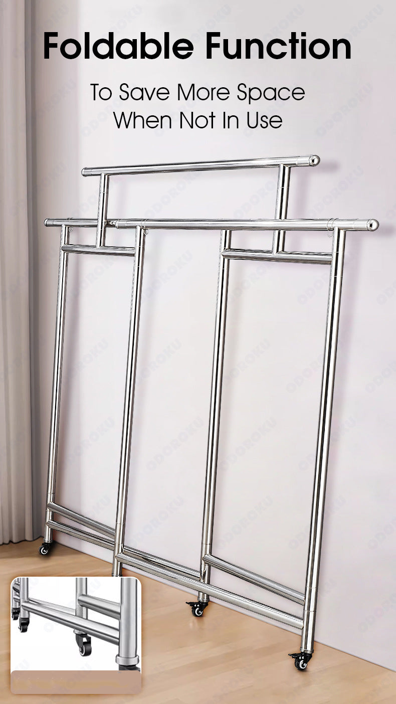 ODOROKU 3 Tiers 304 Stainless Steel Foldable & Heavy Duty Laundry Rack with Wheels Triple Rod Clothing Garment Rack Rolling Clothes Rack Clothes Organizer on Wheels
