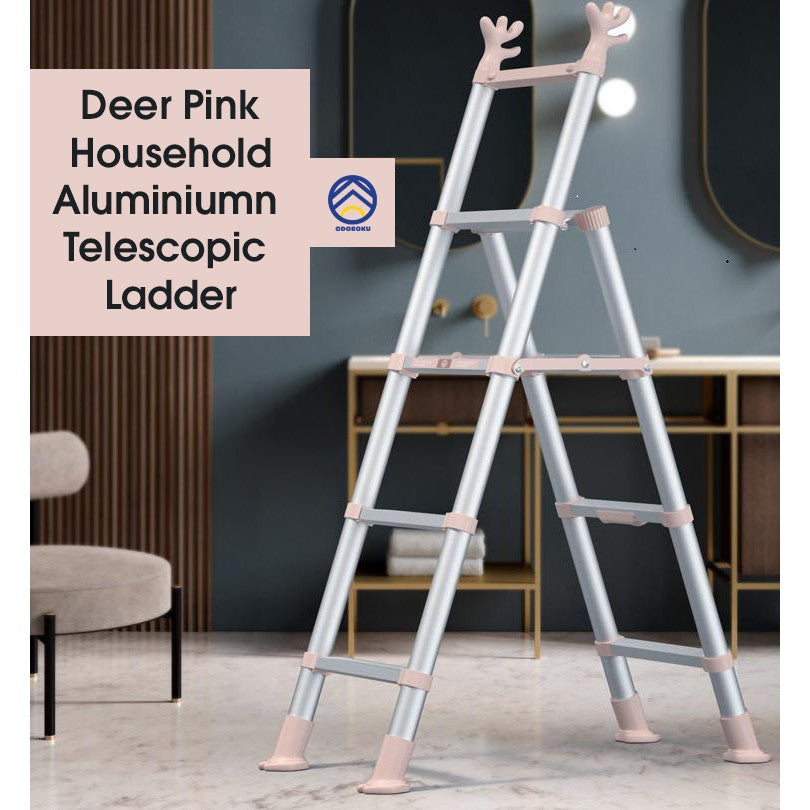 ODOROKU Deer Pink Household Aluminum Telescopic Ladder Extension Multi-Purpose with Base Support Use in all Places