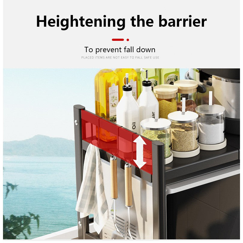 ODOROKU 1/2 Tier Microwave Oven Rack with Utensils Set and Hooks Expandable Black Carbon Steel Adjustable from 37~64cm