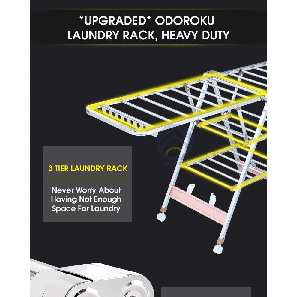 ODOROKU 150cm/160cm/180cm Stainless Steel Clothes Drying Rack with Wheels High Quality Stable & Solid Foldable