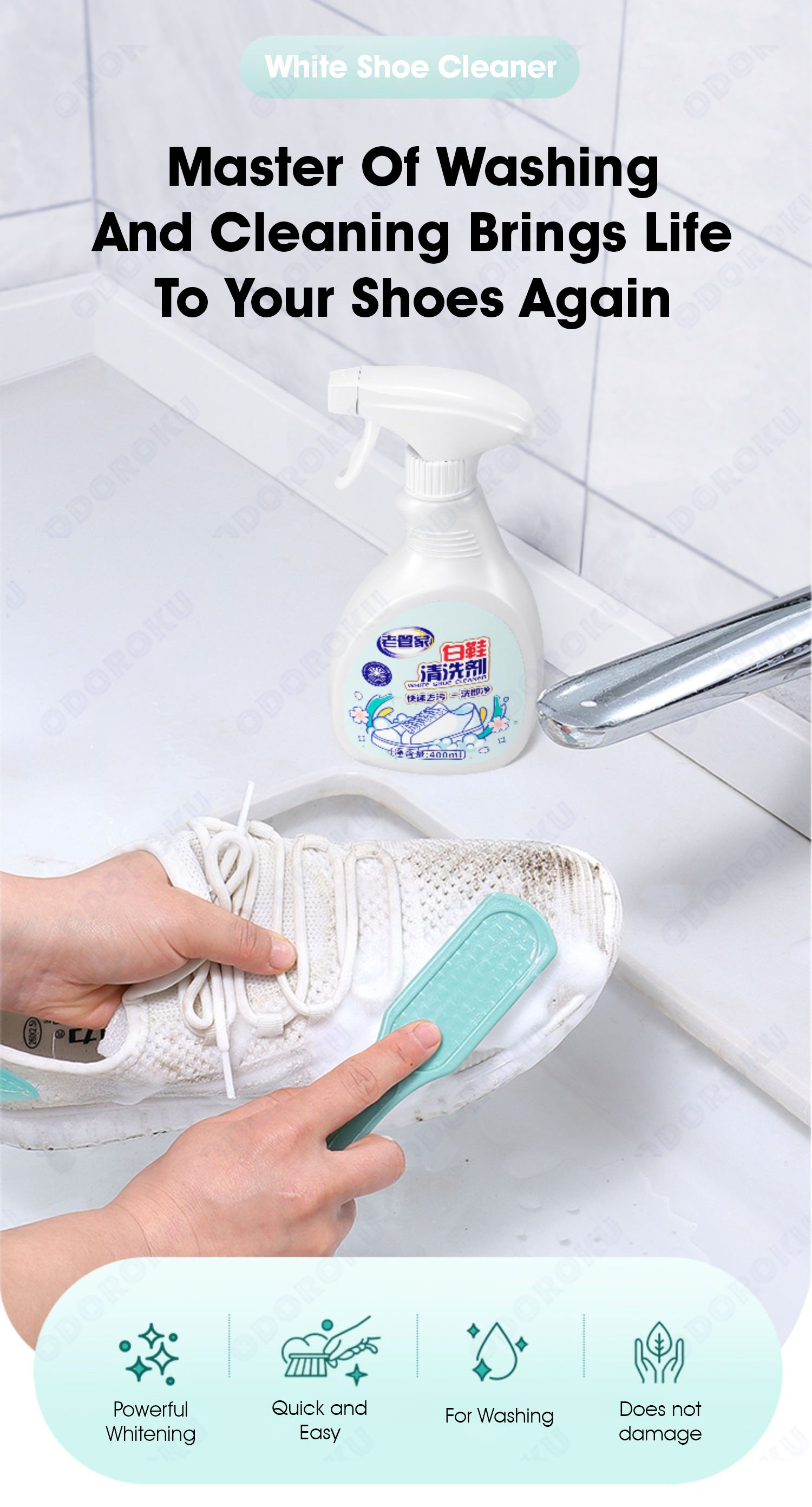 ODOROKU White Shoes Cleaner Foam Sneaker Whitener 400ml Removes Stain Whiten Shoes Sport Shoe Whitener Sneaker Cleaner Waterproof Shoe Spray Removes Yellow Stain - ODOROKU
