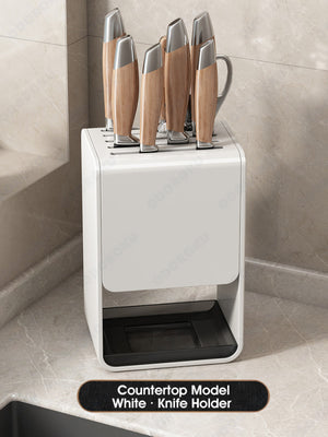 ODOROKU Wall Mounted Free Standing Knife Holder with Water Tray Universal Knifes Holder Knife Block and Kitchen Organizer Space Saver Knife Storage Nail Free Installation Black White Grey - ODOROKU