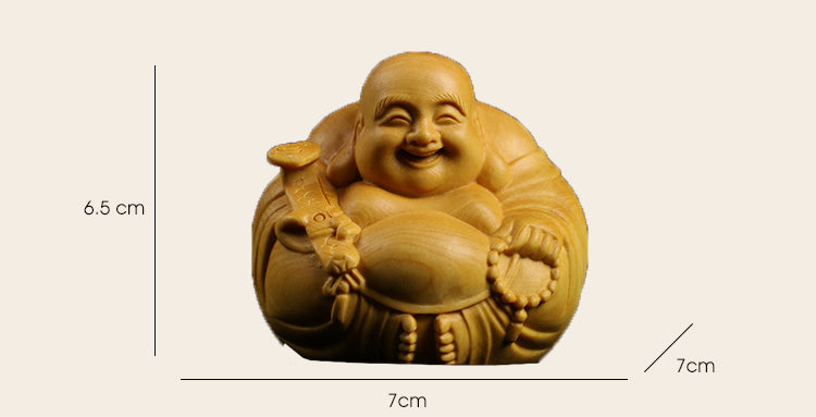 ODOROKU Yellow Box Wood Laughing Happy Buddha Statue Hand Carved Yellow Wood Statue Smiling Sitting Sculpture Handmade Figurine - ODOROKU