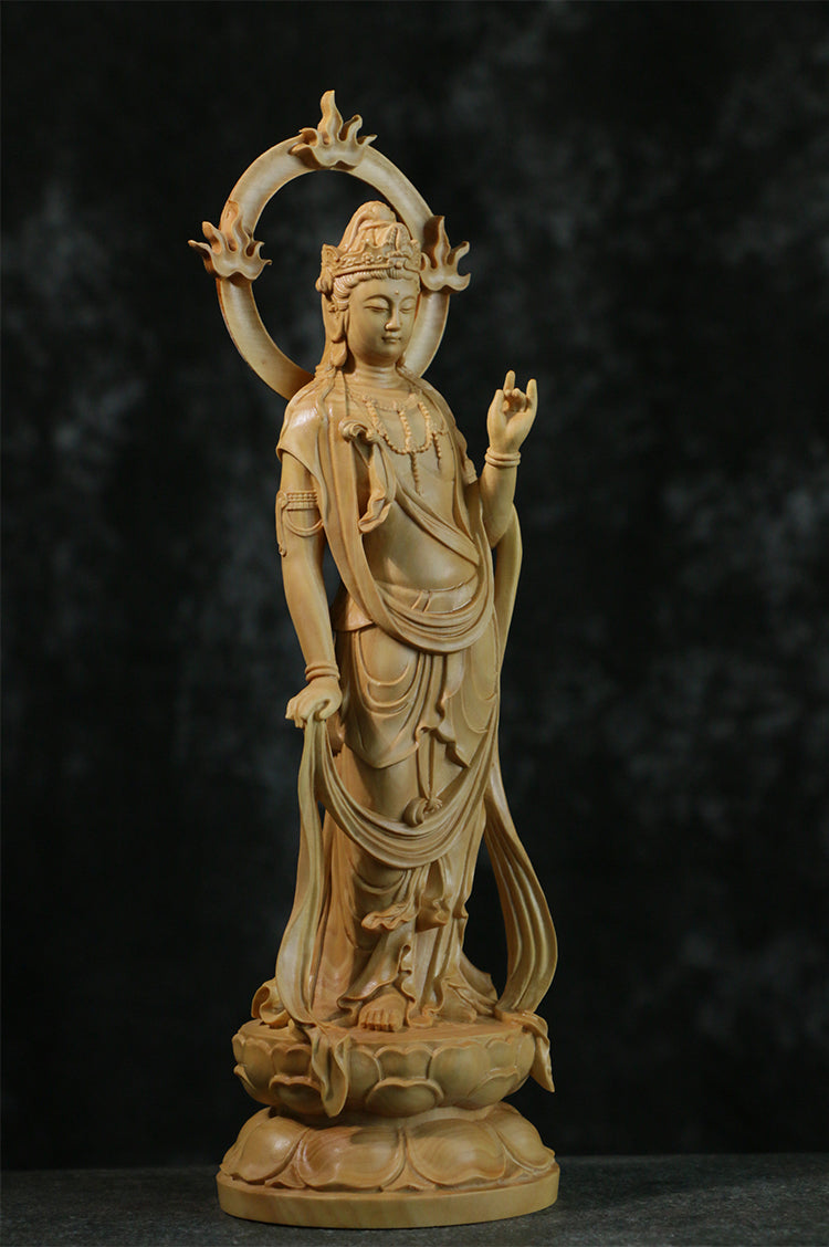 ODOROKU Yellow Box Wood Buddha and Bodhisattva Statue Hand Carved Yellow Wood Statue Standing Sitting Sculpture Handmade Figurine - ODOROKU