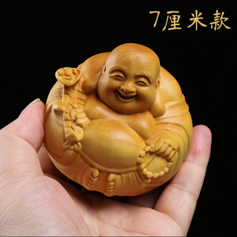 ODOROKU Yellow Box Wood Laughing Happy Buddha Statue Hand Carved Yellow Wood Statue Smiling Sitting Sculpture Handmade Figurine - ODOROKU