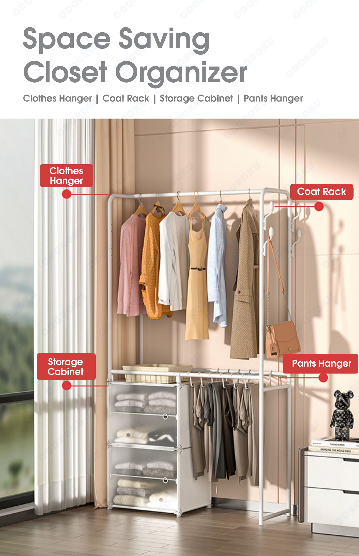 ODOROKU Foldable & Stackable Cube Clothes Rack With Door Invisible Heavy Duty Freestanding Coat Rack Drying Rack Space Saving Plastic Wardrobe Closet Clothes Hanger Storage Cabinet Garment Rack Clothes Organizer Hanging Handbags Purse Coat Folded Clothes