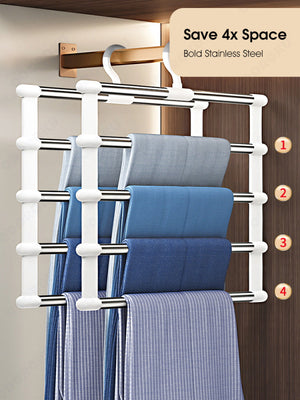 ODOROKU Aluminum 5/7/9 Layer Hanging Trouser Rack Anti-Slip White Silver Heavy Duty Durable Wardrobe Organizer Non Slip Closet Organiser Clothes Rack Pants Shorts Slacks Scarf Bed Sheets Ties Shawls Tudung Jeans Legging Belts T-Shirts - ODOROKU