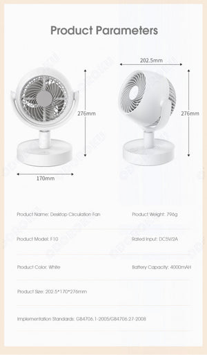 ODOROKU Whole Room Air Circulation Fan Cordless 4000mAh Rechargeable Battery Oscillating Fan Adjustable Tilt Head 3 Speeds Table Fan for Home and Office White - ODOROKU