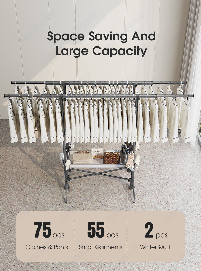 ODOROKU 2 Tier Premium Aluminum Foldable Laundry Rack Grey with Windproof Hooks Laundry Drying Rack Collapsible Height Adjustable Wings Clothing Rack Foldable for Indoor Outdoor
