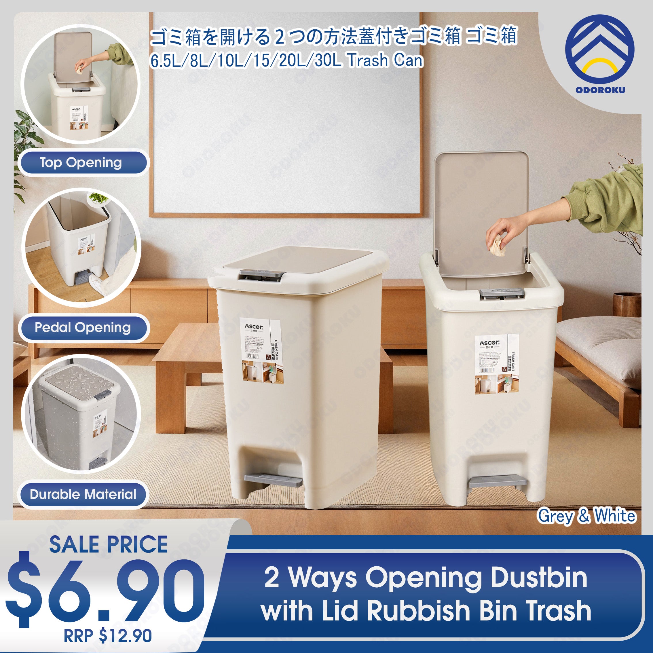 ODOROKU 2 Ways Opening Hand Press/Foot Pedal Flip Up Rubbish Bin With Lid Plastic Garbage Bins Trash Bin Garbage Can Waste Bin Dustbin Recycling Bin For Living Room Kitchen Bedroom Bathroom 6L/8L/10L/15L/20L/30L