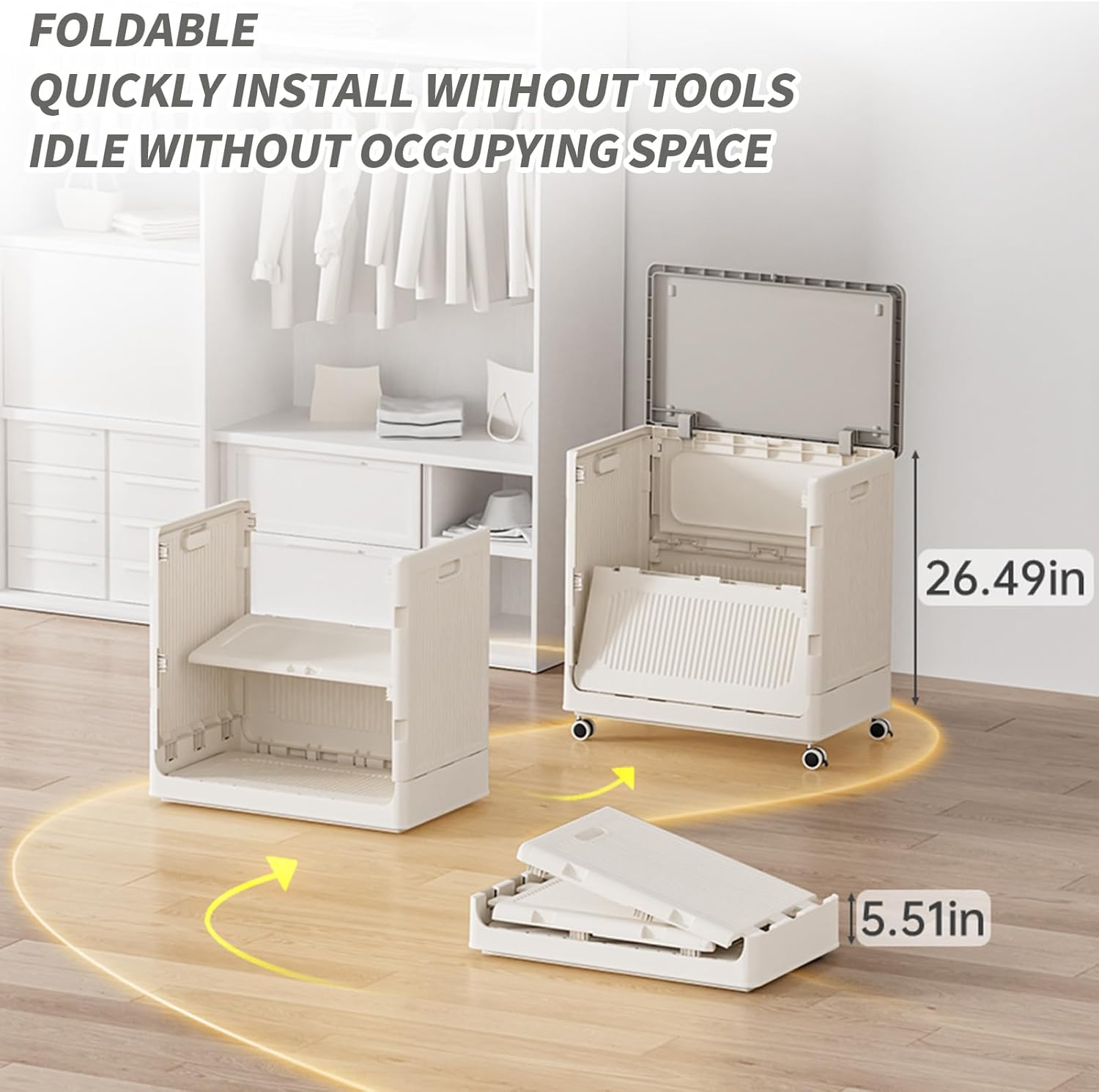 ODOROKU Foldable Flip Top Storage Box with Lids and Wheels Storage Bins with Lids, Collapsible Closet Organizers and Storage with Wheels, Loackable Boxes for Toys, Blanket and Clothes Milk White