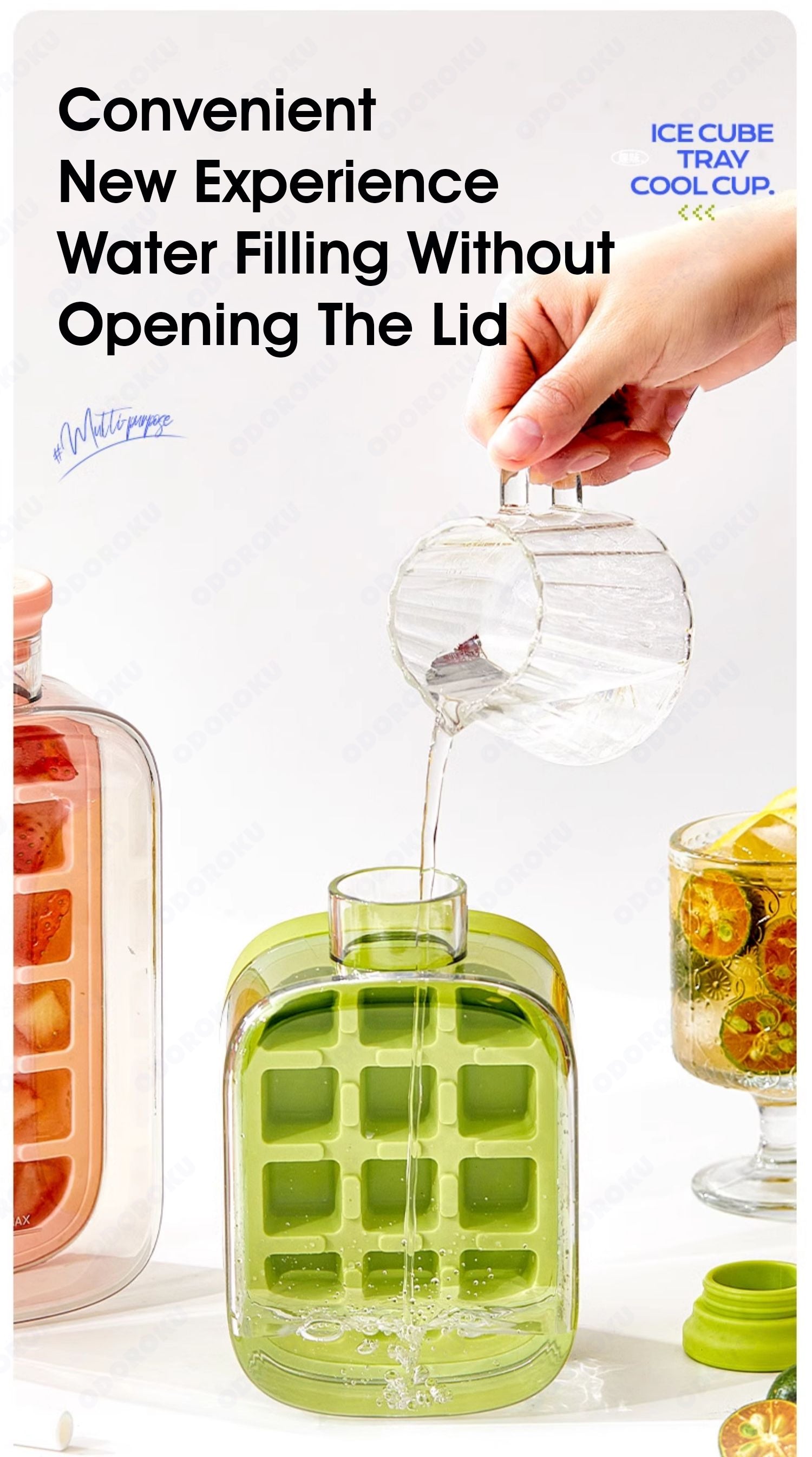 ODOROKU Ice Cube Bottle 2 in 1 Zero Touch Press Ice Cube Mold Water Bottle with Lid and Bin, Ice Bottle Cup, Easy Press to Release Vertical Ice Cube Tray with Lid for Freezer