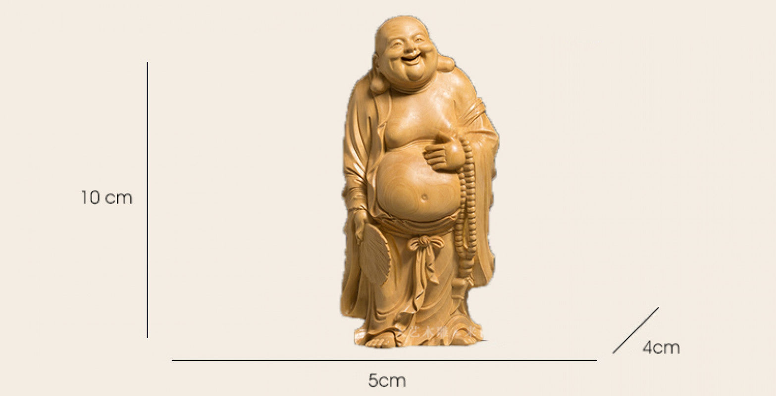 ODOROKU Yellow Box Wood Laughing Happy Buddha Statue Hand Carved Yellow Wood Statue Smiling Sitting Sculpture Handmade Figurine - ODOROKU