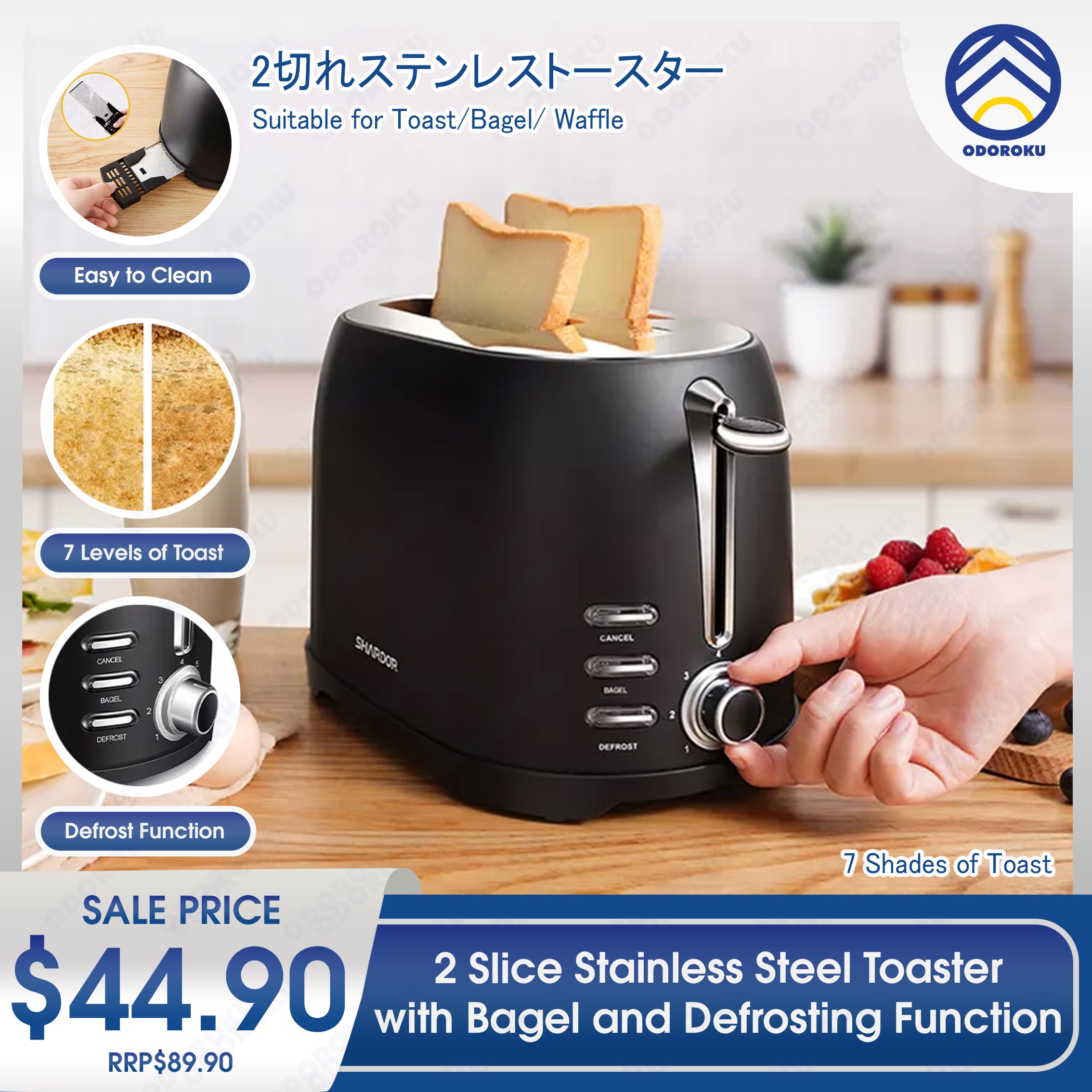 ODOROKU Toaster 2 Slice Retro Extra-Wide Toaster Bagel Easy Operation Defrost Cancel Function Removable Tray Stainless Steel Black - ODOROKU
