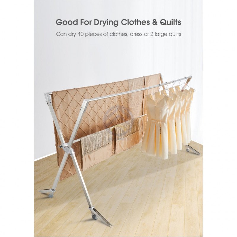 ODOROKU 2.4/2.6m Stainless Steel Extendable X Shape Drying Rack with Wheels & Windproof Support Foldable Space Saving - ODOROKU