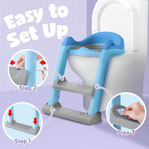 ODOROKU Baby Potty Training Toilet Seat for Boys and Girls Anti-Slip Kids Potty Training Toilet Soft Travel Potty Seat with Step Ladder Adjustable Angle and Adjustable Steps Safe for Kids Safe For Kids and Baby Pink Blue Grey Green - ODOROKU