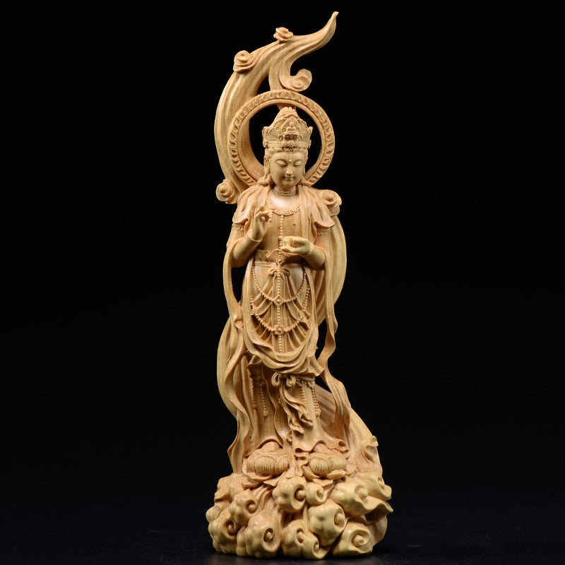 ODOROKU Yellow Box Wood Buddha and Bodhisattva Statue Hand Carved Yellow Wood Statue Standing Sitting Sculpture Handmade Figurine - ODOROKU