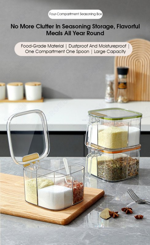 ODOROKU 4 in 1 Airtight Spice Container 1000ml With Lid Handle & 4 Spoons Condiments Seasonings Storage Organizer Box Organizer Home Kitchen Condiment Jars Kitchen Food Salt Sugar Pepper Coffee Beans Spices White Green Yellow - ODOROKU