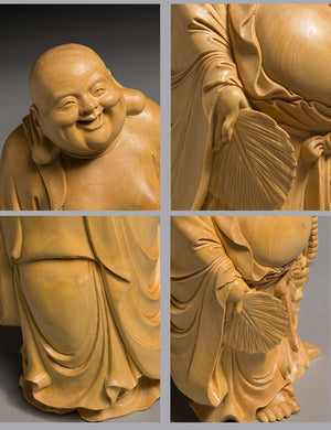 ODOROKU Yellow Box Wood Laughing Happy Buddha Statue Hand Carved Yellow Wood Statue Smiling Sitting Sculpture Handmade Figurine - ODOROKU