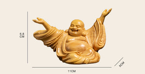ODOROKU Yellow Box Wood Laughing Happy Buddha Statue Hand Carved Yellow Wood Statue Smiling Sitting Sculpture Handmade Figurine - ODOROKU