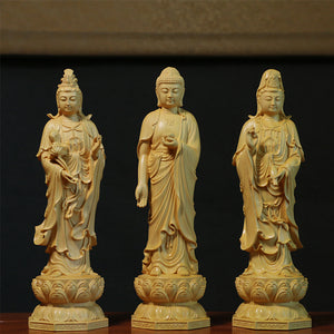 ODOROKU Yellow Box Wood Buddha and Bodhisattva Statue Hand Carved Yellow Wood Statue Standing Sitting Sculpture Handmade Figurine - ODOROKU