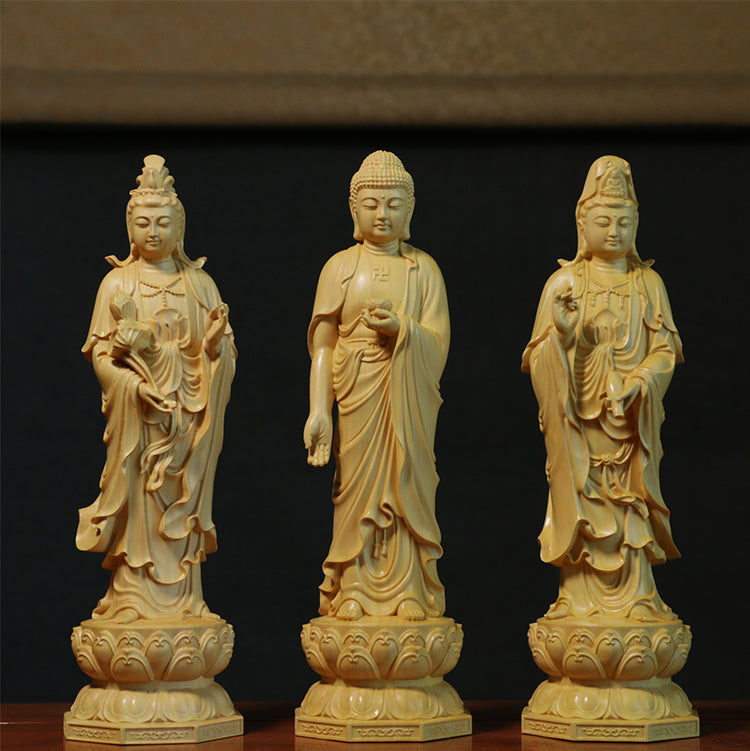 ODOROKU Yellow Box Wood Buddha and Bodhisattva Statue Hand Carved Yellow Wood Statue Standing Sitting Sculpture Handmade Figurine - ODOROKU