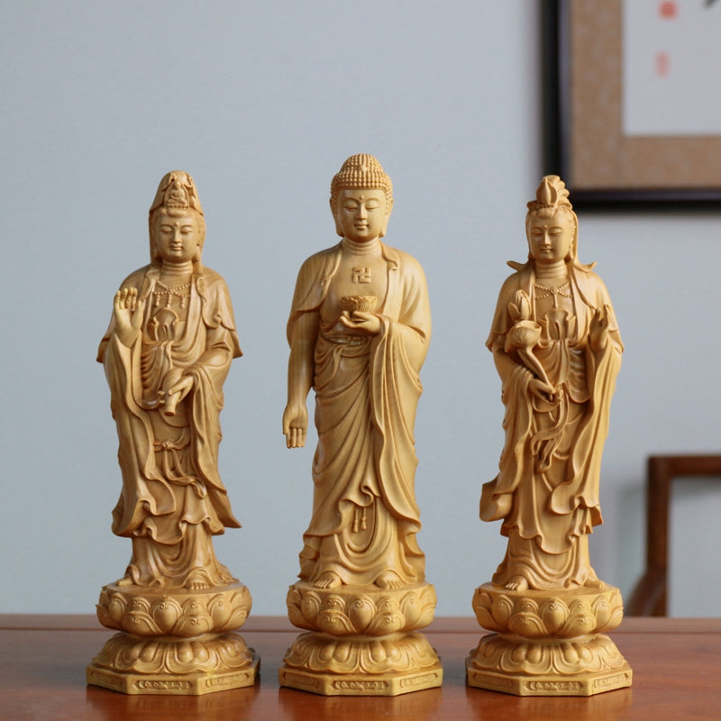 ODOROKU Yellow Box Wood Buddha and Bodhisattva Statue Hand Carved Yellow Wood Statue Standing Sitting Sculpture Handmade Figurine - ODOROKU