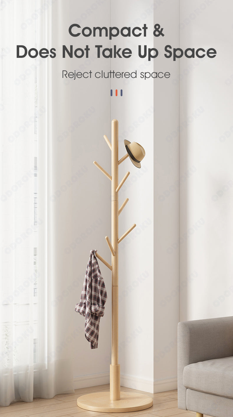 ODOROKU Wooden Coat Rack Stand with Hooks Pine Coat Standing Tree Nordic Style Clothes Hanger Hook Bedroom Coat Stand Rack Easy Assembly for Coats Hats Scarves and Handbags - ODOROKU
