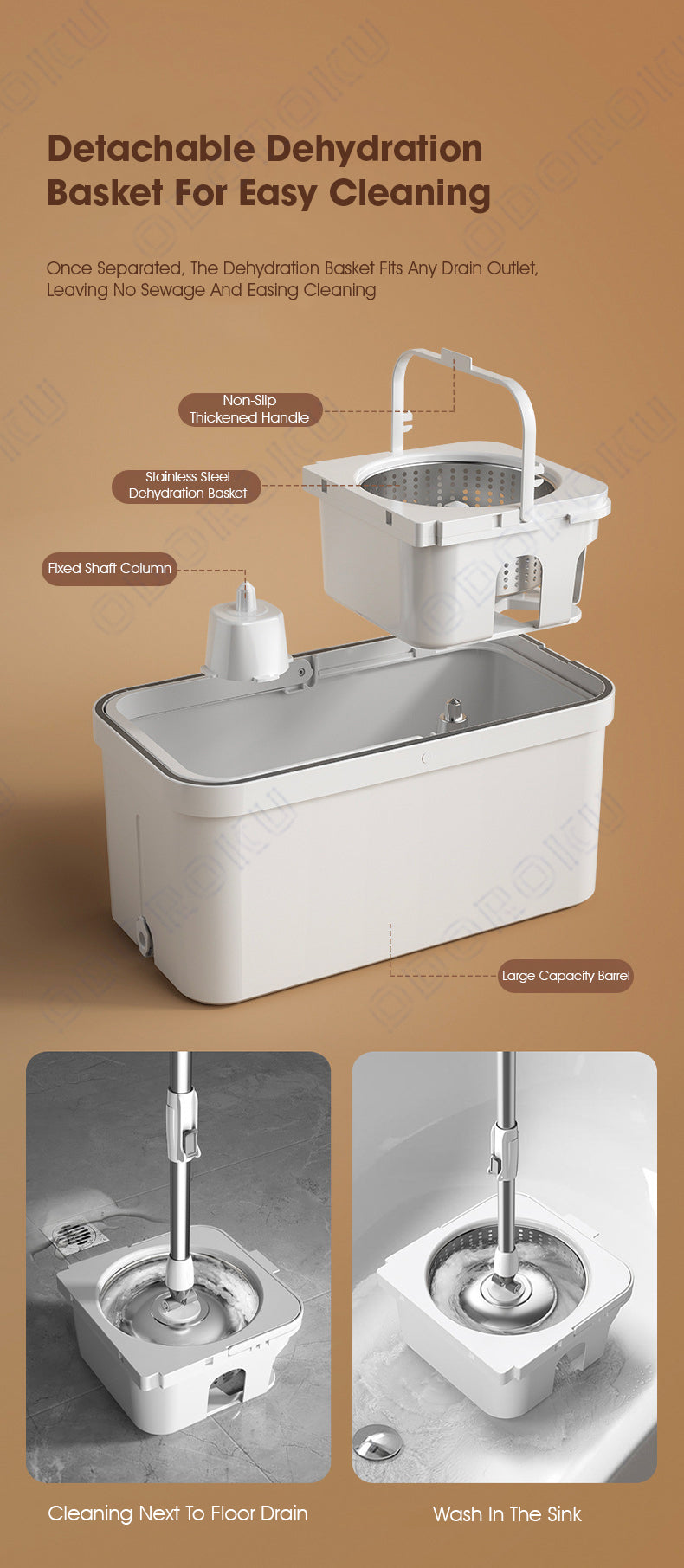 ODOROKU 360 Degree Self Rotating Spin Mop with Bucket with Microfiber Replacement Head Magic Spin Mop Stainless Steel Quality Handle Mops Bucket Home Cleaning