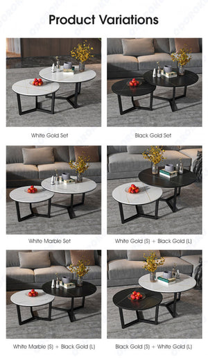 ODOROKU Round Coffee Table Set of 2 Marble Pattern Wooden Table Black Marble White Marble Nordic Style Double Round Wood Nesting Coffee Table Living Room - ODOROKU