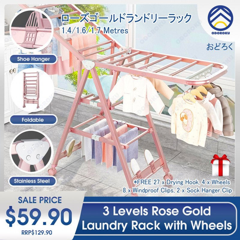 ODOROKU Rose Gold 140cm/160cm/170cm Stainless Steel Clothes Drying Rack with Wheels High Quality Hea