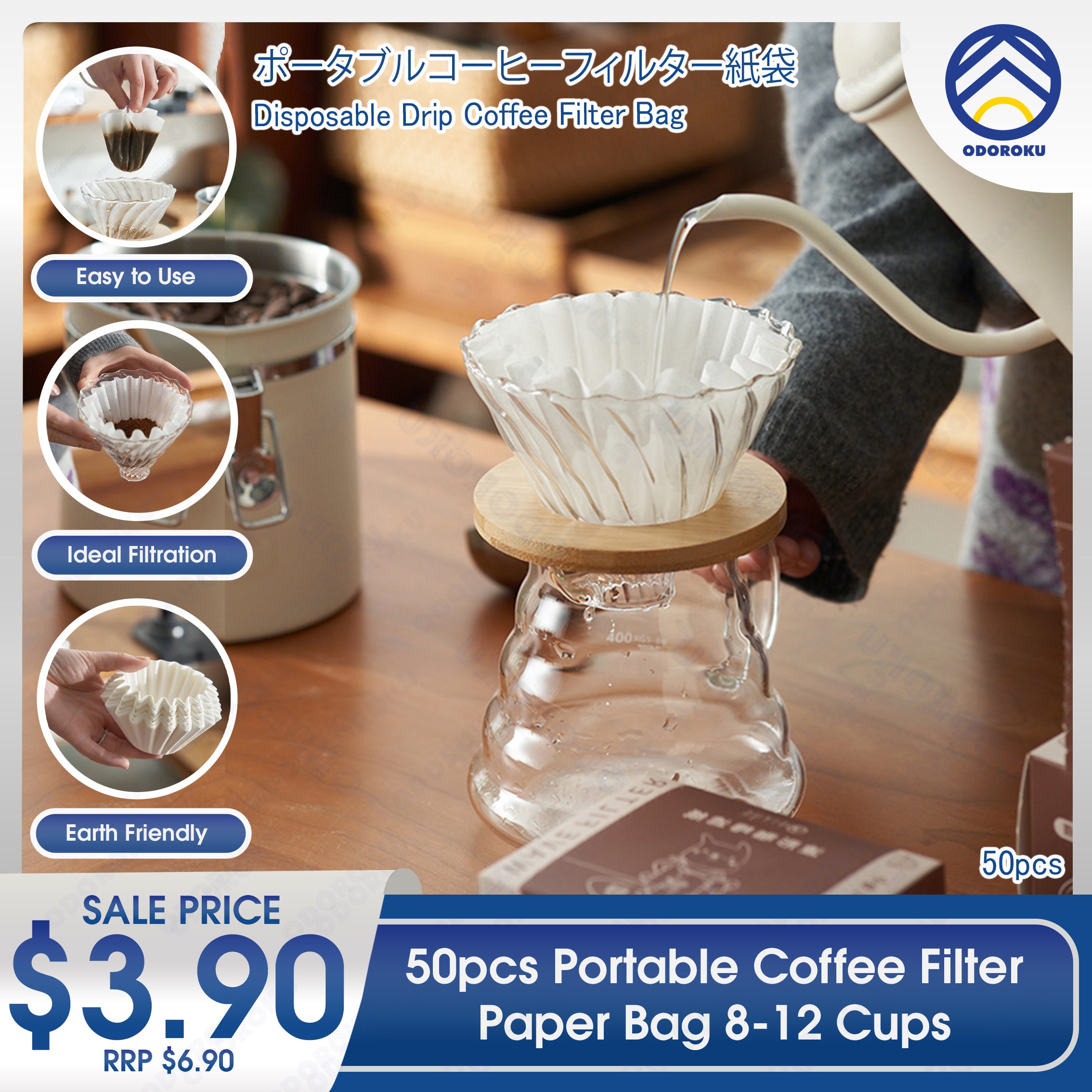 ODOROKU 50pcs Portable Coffee Filter Paper Bag 8-12 Cups Disposable Drip Coffee  Filter Coffee Pot Filter Paper Drip Pot White