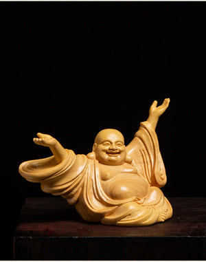 ODOROKU Yellow Box Wood Laughing Happy Buddha Statue Hand Carved Yellow Wood Statue Smiling Sitting Sculpture Handmade Figurine - ODOROKU