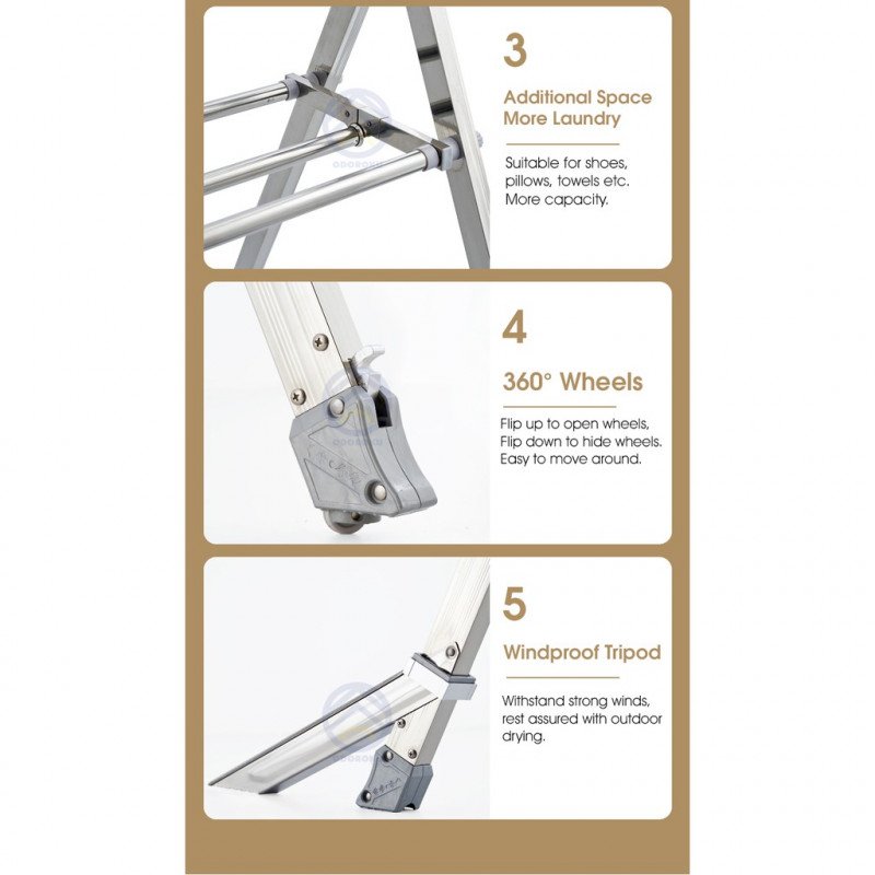 ODOROKU 2.4/2.6m Stainless Steel Extendable X Shape Drying Rack with Wheels & Windproof Support Foldable Space Saving - ODOROKU