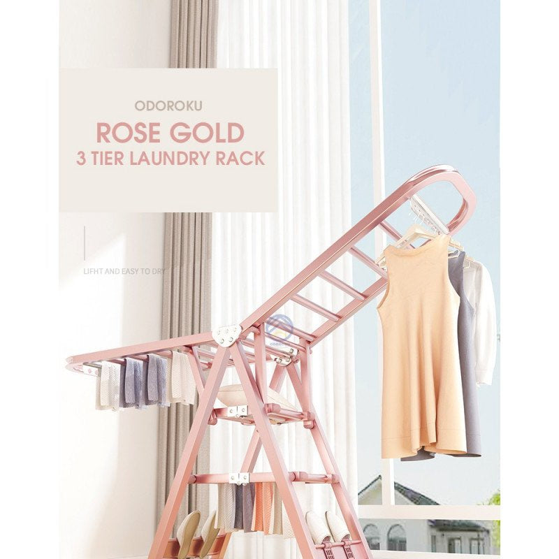 ODOROKU Rose Gold 140cm/160cm/170cm Stainless Steel Clothes Drying Rack with Wheels High Quality Hea