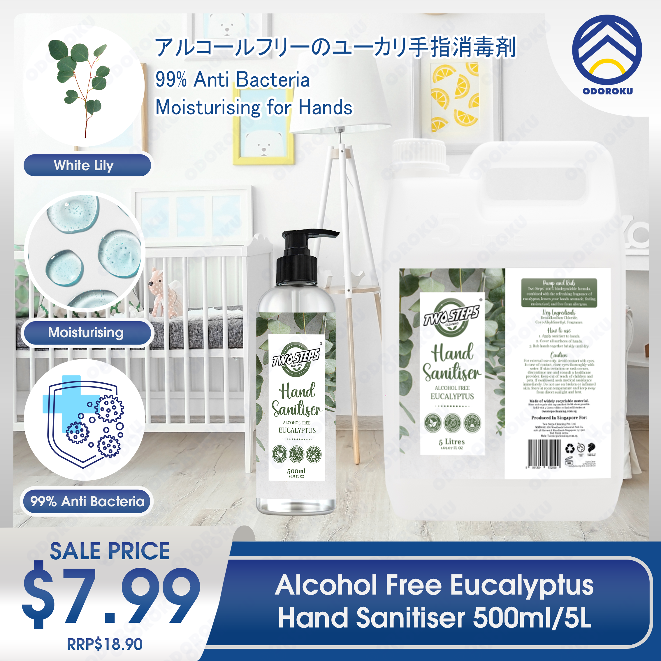 ODOROKU x Two Steps Cleaning Hand Sanitizer Alcohol Free 500ml / 5 Litre - Eucalyptus Kills 99% Bacteria Moisturizing Safe for Sensitive Hands