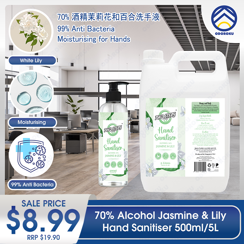 ODOROKU x Two Steps Cleaning Hand Sanitizer Alcohol 70% 500ml / 5 Litre - Jasmine & Lily Kills 99% Bacteria Moisturizing Safe for Sensitive Hands
