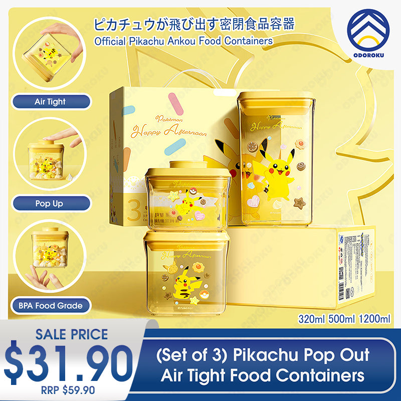 ODOROKU x Pokemon Pikachu Pop-Up Airtight Food Storage Container Combo of 3 Pokemon Collection with Gift Box Stackable Storage Containers for Pantry Organization 320ml 500ml 1200ml