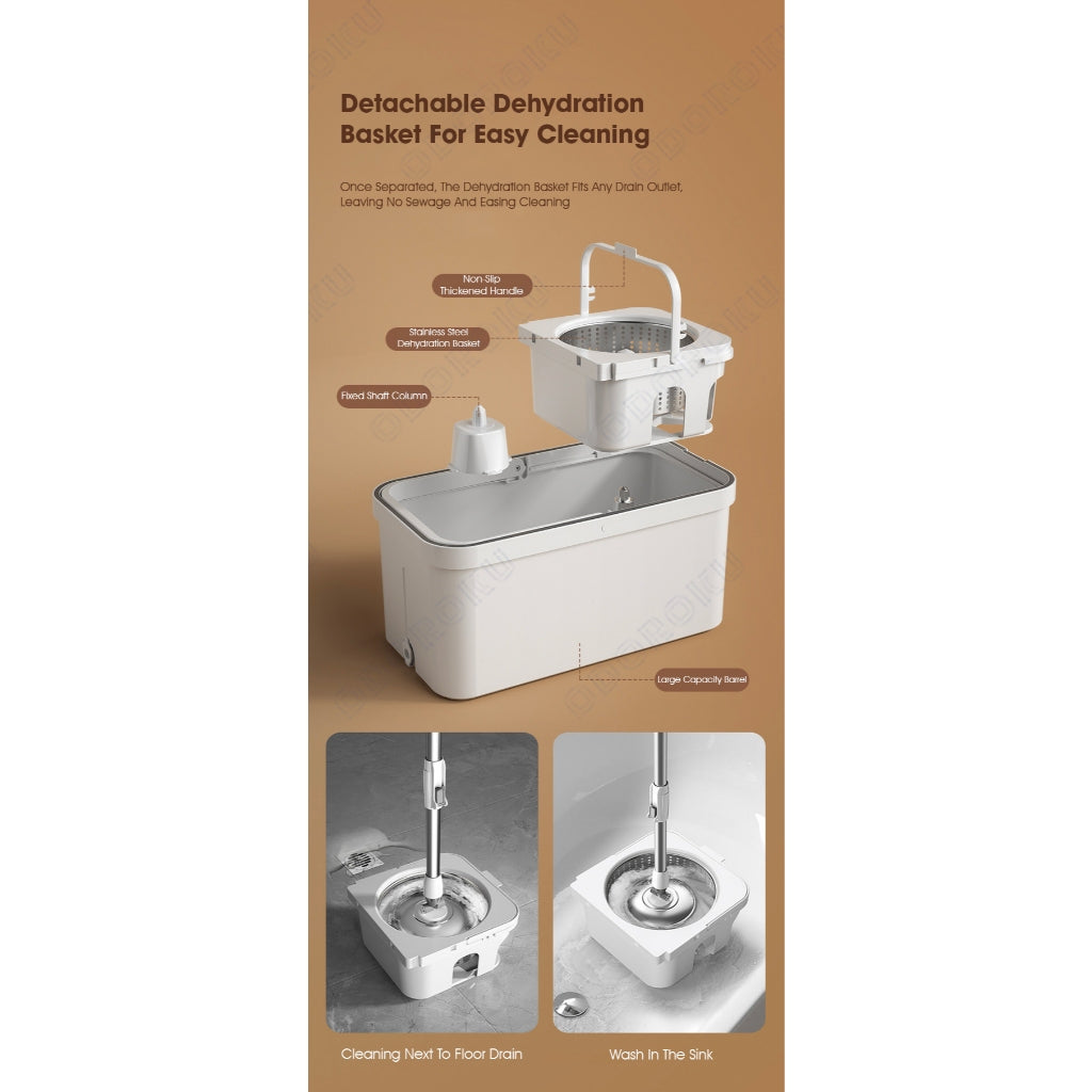 ODOROKU 360 Degree Self Rotating Spin Mop with Bucket with Microfiber Replacement Head Magic Spin Mop Stainless Steel