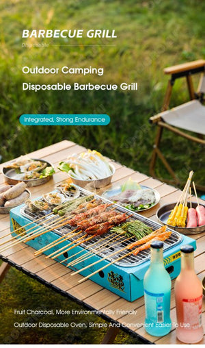 ODOROKU Disposable Stainless Steel Charcoal Grill BBQ Set Mini Compact With Accessories Portable Grills Fast Ignite Charcoal Included Easy Set Up Birthday Party Barbeque Party Outdoor Camping Picnic Travel Cook Satay Marshmallow Sausage Skewers Steak - ODOROKU