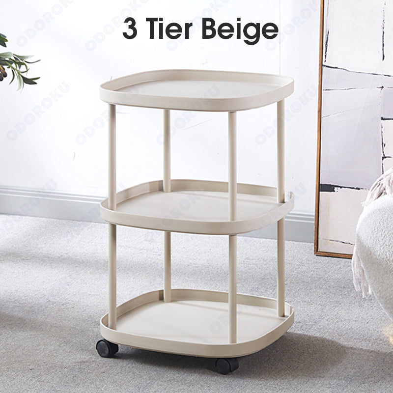 ODOROKU 2/3 Tiers Sofa Side Table Bedside Table with Wheels Coffee Table Storage Rack End Table Living Room Plastic Mobile Sofa Side Table Night Stand Bedroom Black Beige White - ODOROKU