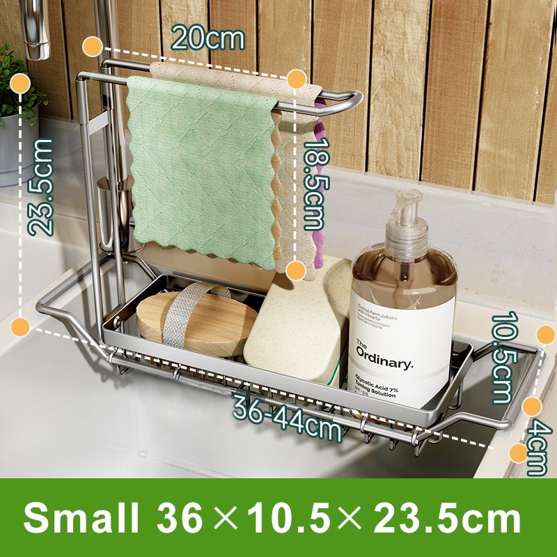 ODOROKU 36-54cm Extendable Sink Organizer Rack Sponge Holder Cloth Holder for Kitchen Sink 304 Stainless Kitchen Sink Organizer, Rust Proof Water Proof, Larger Sink Brush Holder, No Drilling, Black Silver - ODOROKU