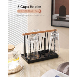 ODOROKU Cup Drying Rack Stand with Drain Tray Beer Glasses Rack 6 Cup Metal Drainer Holder Rack Non-Slip Mugs Cups Organizer with Wood Handle, Black White - ODOROKU