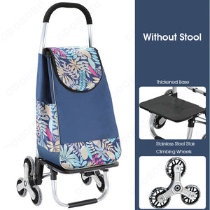 ODOROKU Foldable Aluminum Grocery Cart With Stool Seat For Elderly Shopping 3 Wheels Stairs Climbing Wheel Waterproof Easy Storage Heavy Duty Multi-Purpose Large Capacity Push Cart Trolley Travel Supermarket Market Fresh Food Red Maroon Navy Blue - ODOROKU