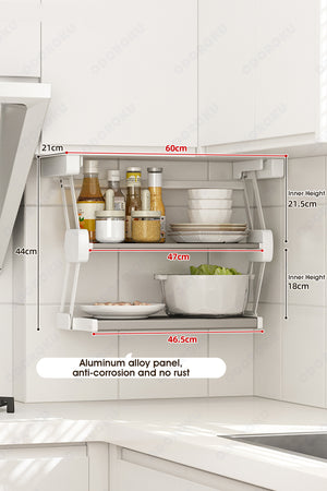 ODOROKU 2 Tier Aluminum Pull Down Shelf Drop Down Cabinet Organizer Kitchen Cabinet Foldable Pull Down Shelf for Space Saving Convenience Spice Rack Organizer for Kitchen Cabinets - ODOROKU