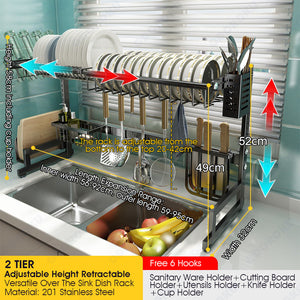 ODORKU 59-95cm Adjustable Height & Length 1/2 Tiers Stainless Steel Telescopic Dish Rack Over Sink Dish Drying Rack Extendable Dish Rack with Utensils Cup Knife Soap Chopping Board Holder - ODOROKU